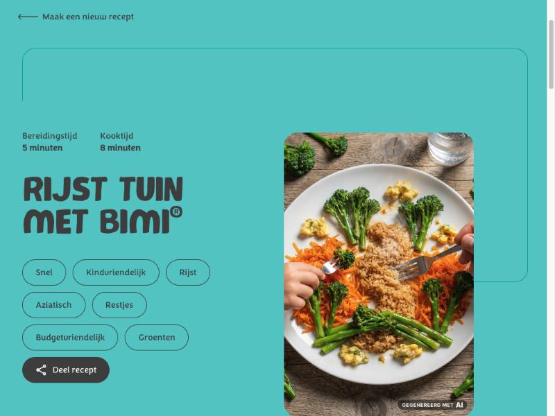 The generated result: Rijst tuin met Bimi, a kid-friendly plate photographed top-down with hands reaching in