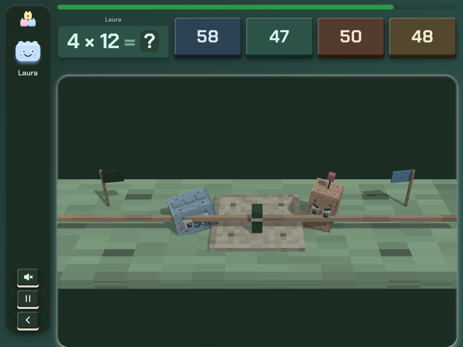 Cadet Squad: the same tug-of-war game rebuilt from voxel cubes in a dark mission palette.