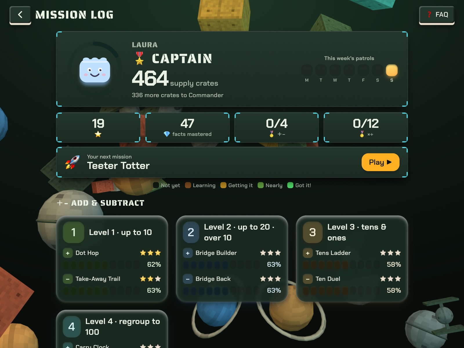 The same progress screen, reworded as a mission log.