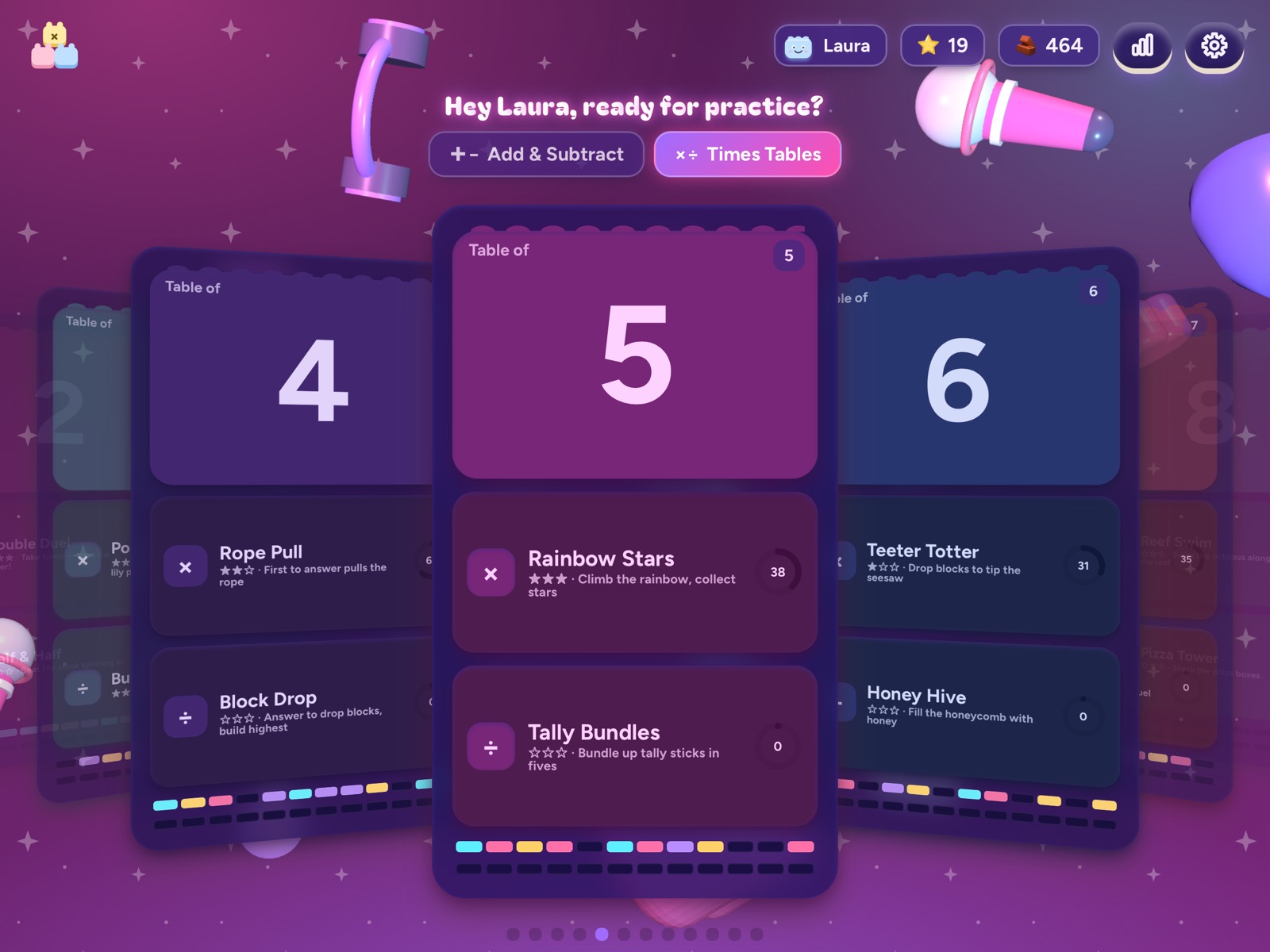 L.A.U.R.A. Math Quest home screen in the K-Star Stage theme
