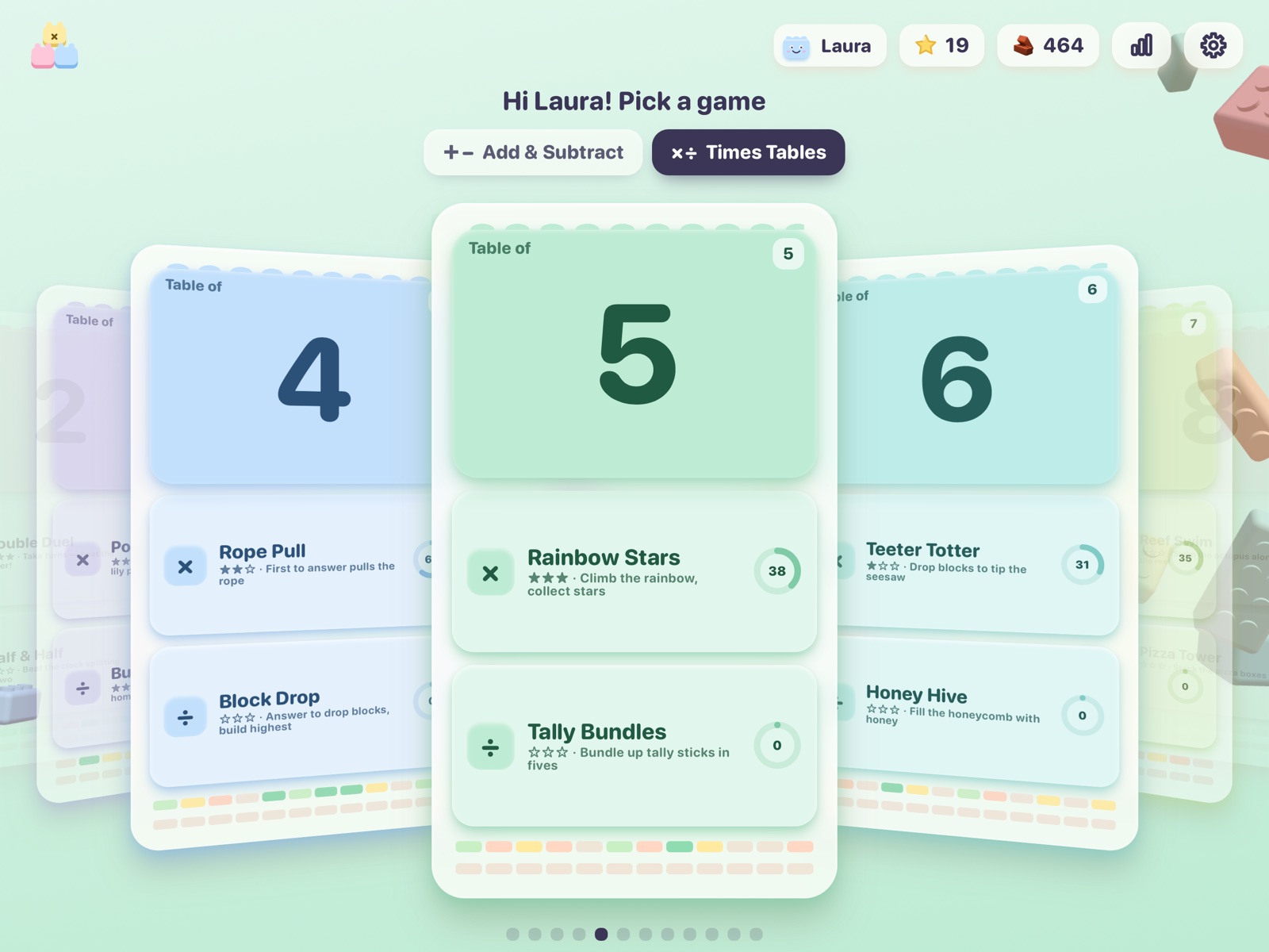 Home: one carousel of cards per table, with live mastery bars.