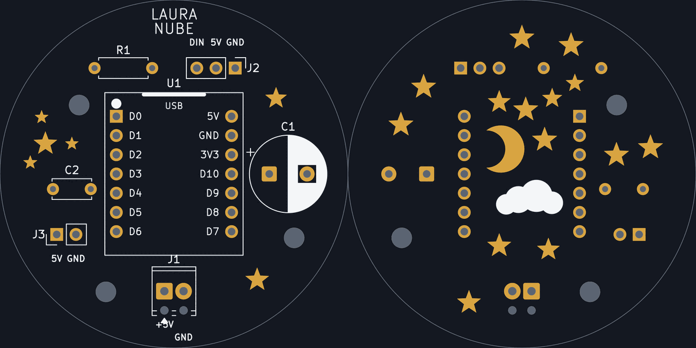 The 46 mm carrier board, front and back: the module socket with its pinout, and a moon, a cloud and fourteen stars in the soldermask
