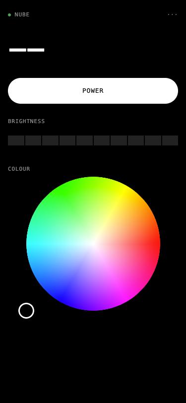 The control page served by the lamp: power, a brightness bar in one-unit steps, and a colour wheel